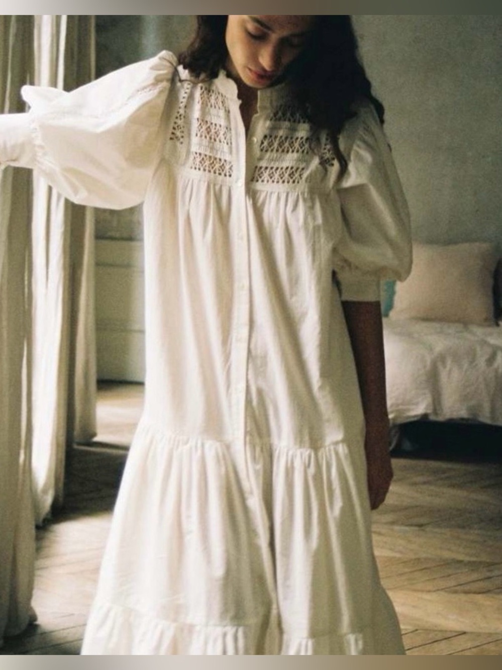 Sea New York Thora Dress with intricate lace insert and puff sleeve. Size S.